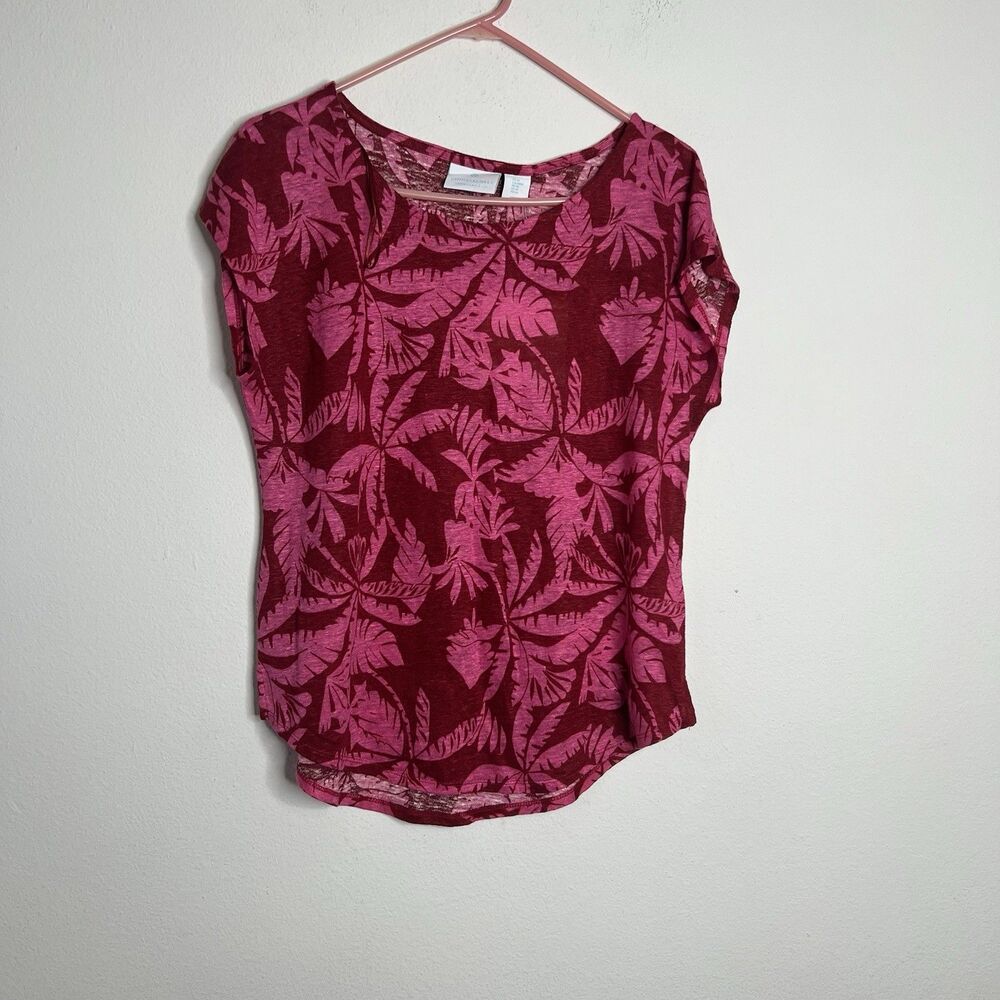 Cynthia Rowley Women Top Short Sleeve 100% Linen Pink  Tropical Palms Size M